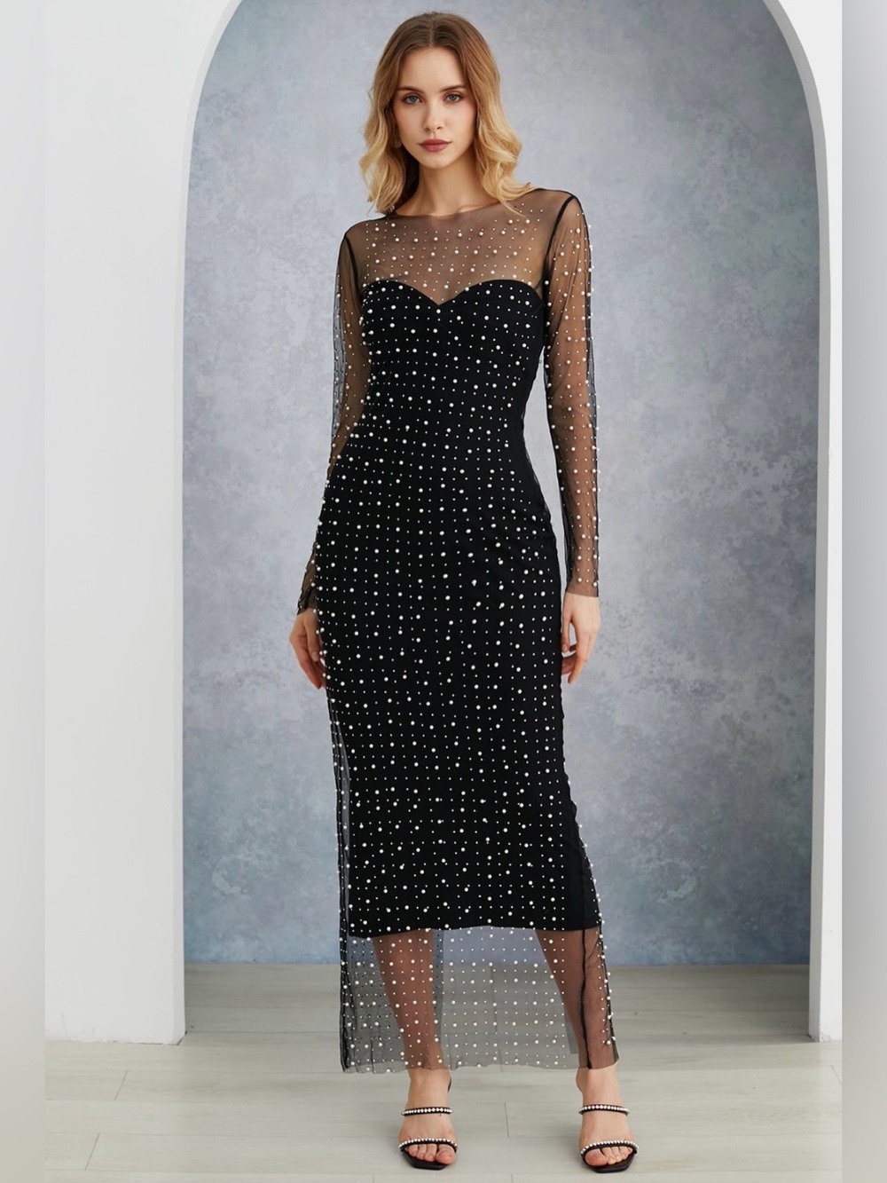 Haute Monde Pearl/Sheer Midi Dress Size Small